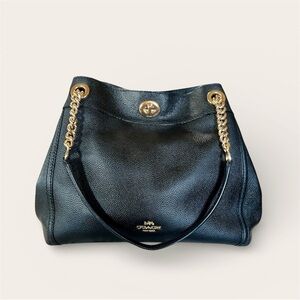 Coach Black Pebbled Leather Shoulder Bag with Gold Chain